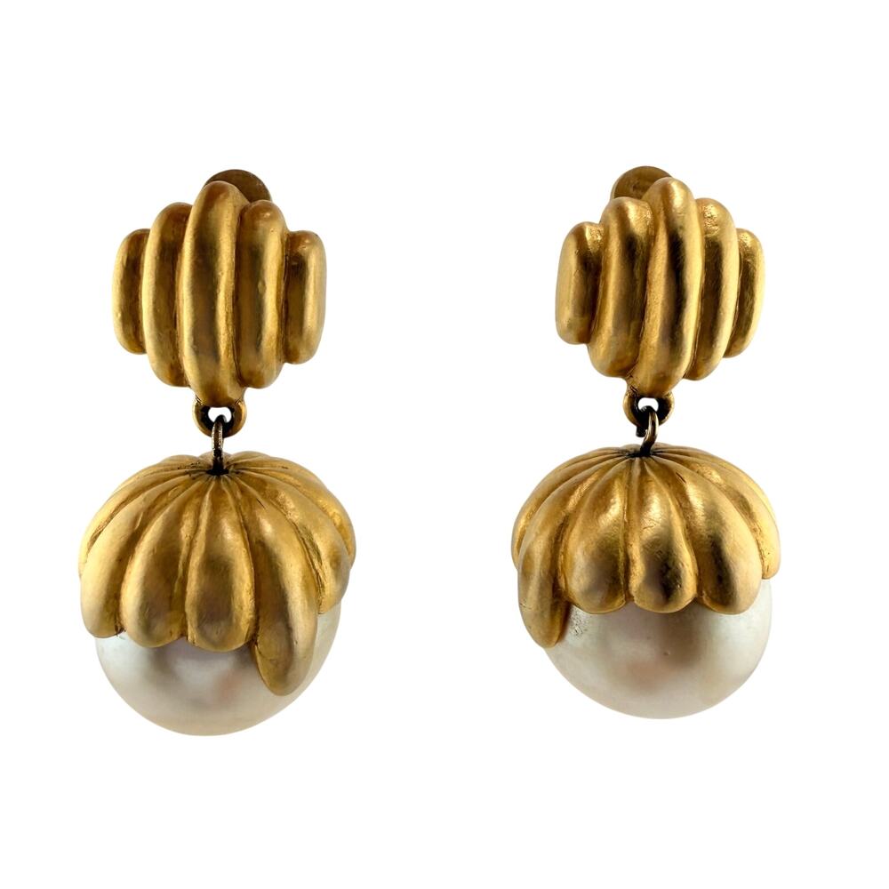 Vintage Givenchy Couture Runway 1980s Acorn Faux Pearl Clip On 1.75" Earrings